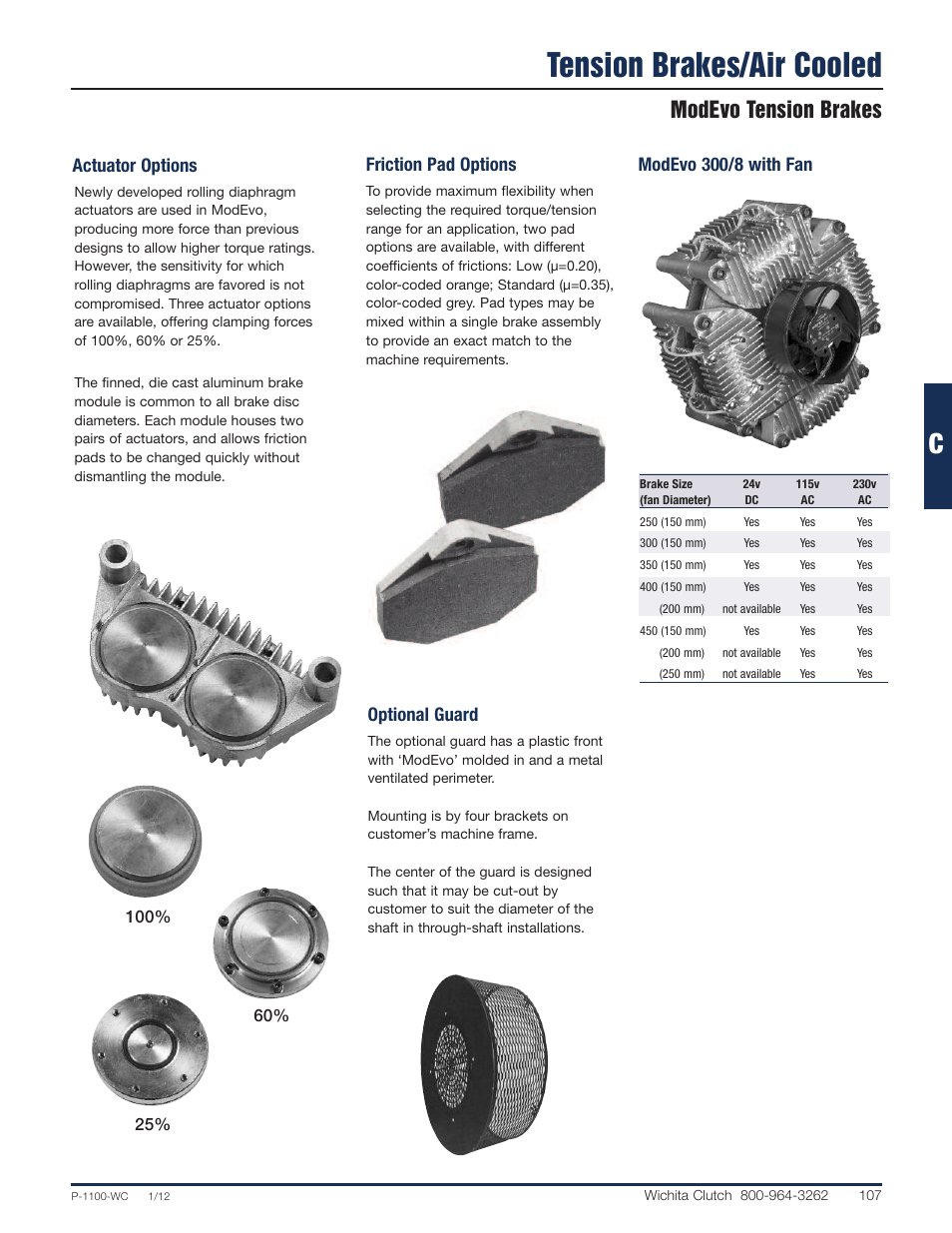 Tension brakes/air cooled, Modevo tension brakes, Actuator options | Friction pad options, Optional guard modevo 300/8 with fan | Wichita Clutch 'Modevo' Modular Tension Brake User Manual | Page 2 / 8