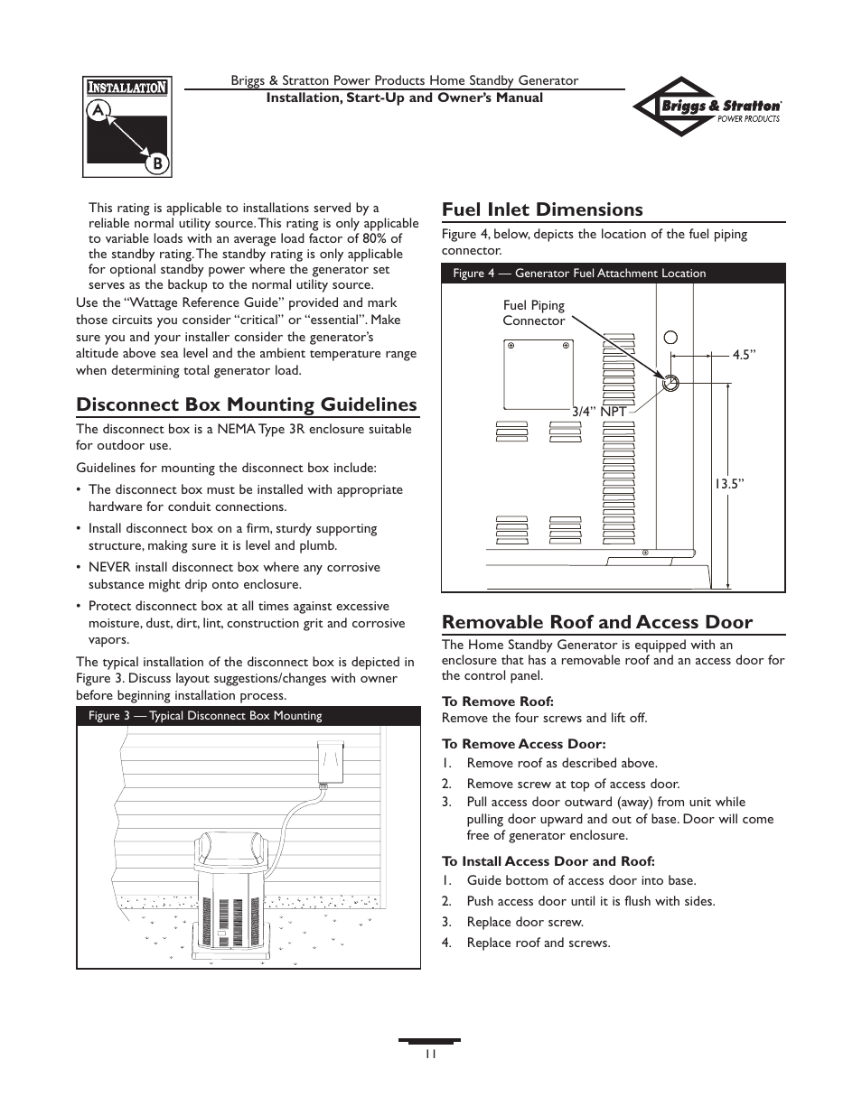 Disconnect box mounting guidelines, Fuel inlet dimensions, Removable roof and access door | Briggs & Stratton 01975-0 User Manual | Page 11 / 80