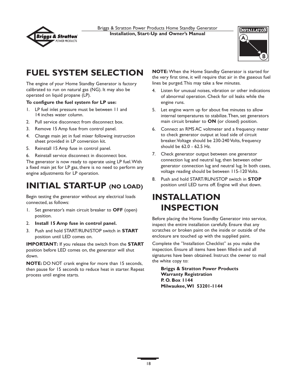 Fuel system selecti, Fuel system selection, Initial start-up | Installation inspection | Briggs & Stratton 01975-0 User Manual | Page 18 / 80