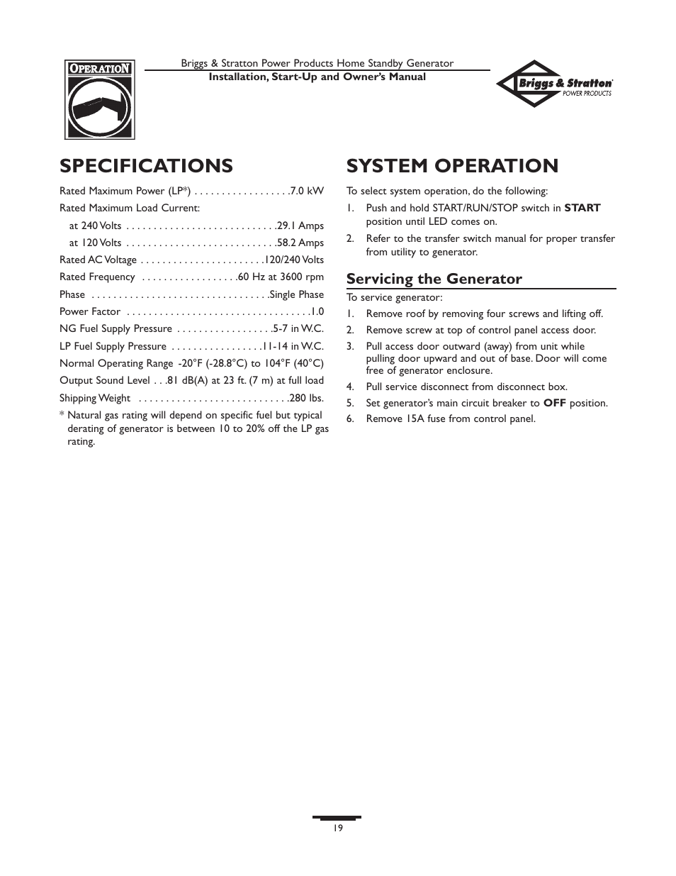 Specifications, System operation, Servicing the generator | Briggs & Stratton 01975-0 User Manual | Page 19 / 80