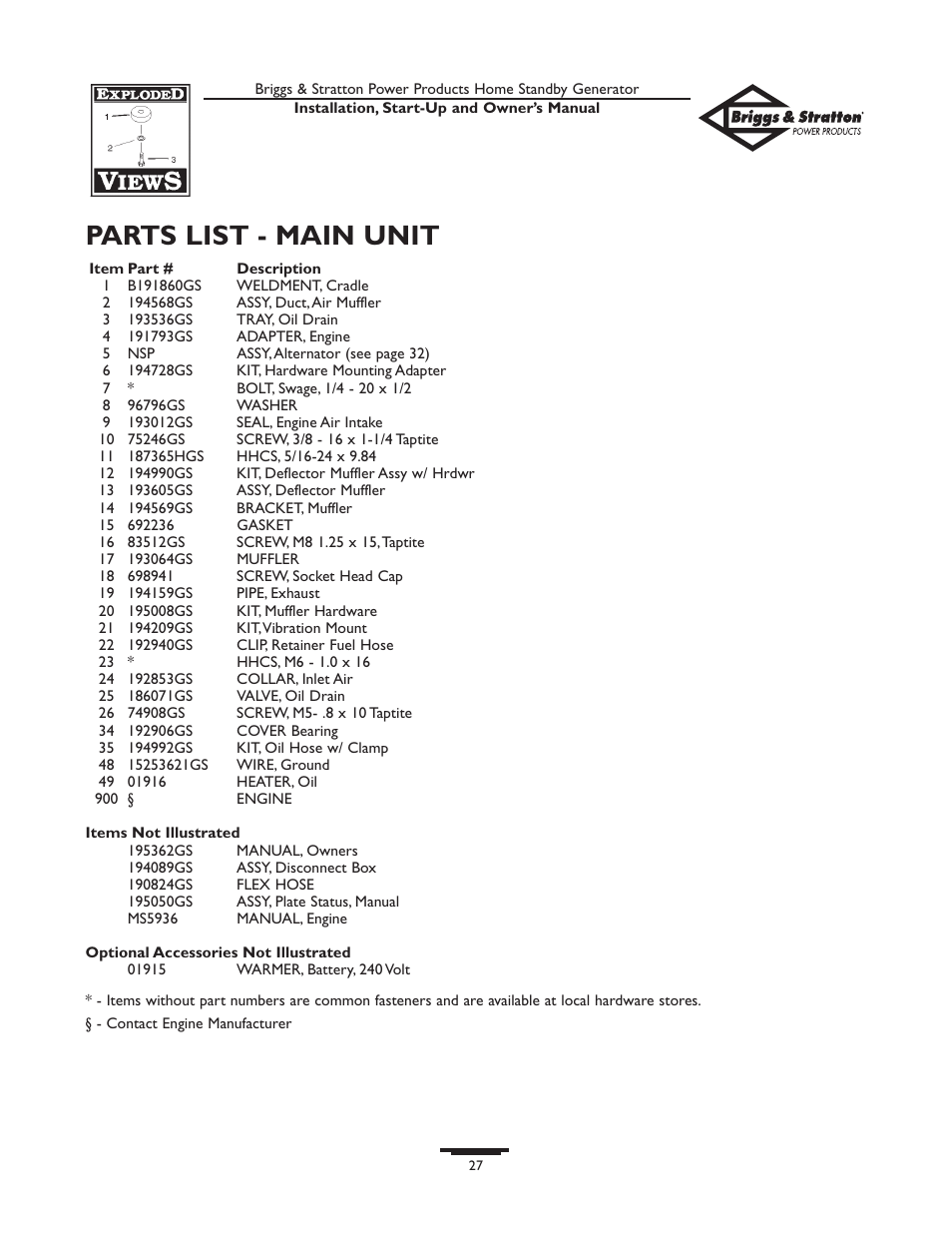 Parts list - main unit | Briggs & Stratton 01975-0 User Manual | Page 27 / 80