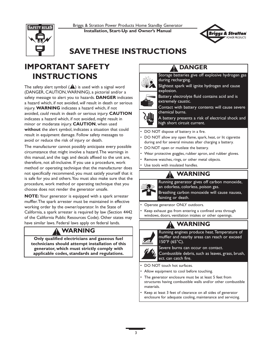 Important safety instructions, Save these instructions, Warning | Danger | Briggs & Stratton 01975-0 User Manual | Page 3 / 80