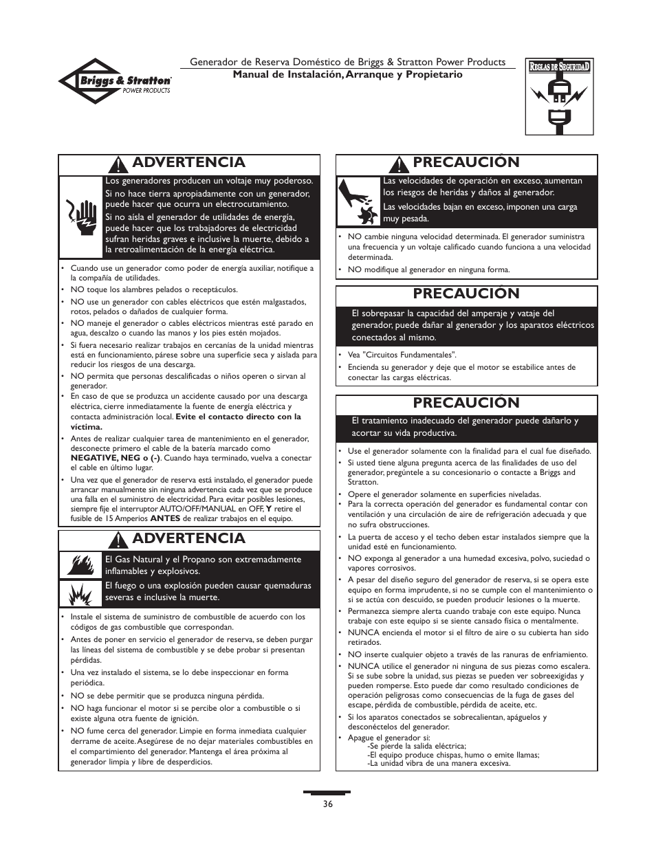 Advertencia, Precaución | Briggs & Stratton 01975-0 User Manual | Page 36 / 80
