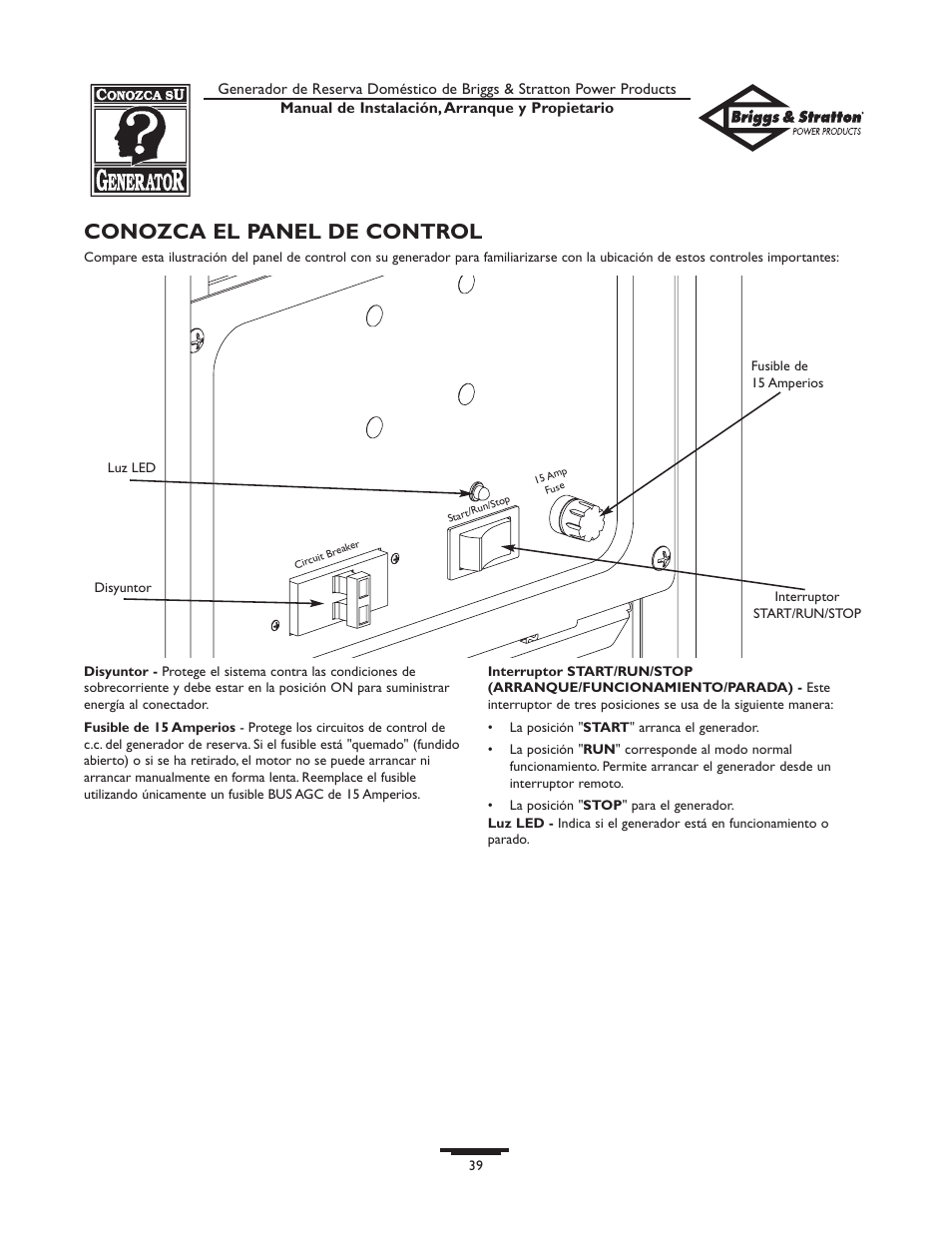 Conozca el panel de control | Briggs & Stratton 01975-0 User Manual | Page 39 / 80
