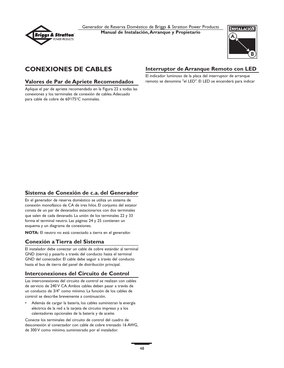 Conexiones de cables | Briggs & Stratton 01975-0 User Manual | Page 48 / 80