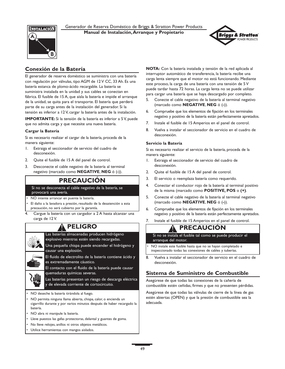 Precaución, Peligro precaución, Conexión de la batería | Sistema de suministro de combustible | Briggs & Stratton 01975-0 User Manual | Page 49 / 80