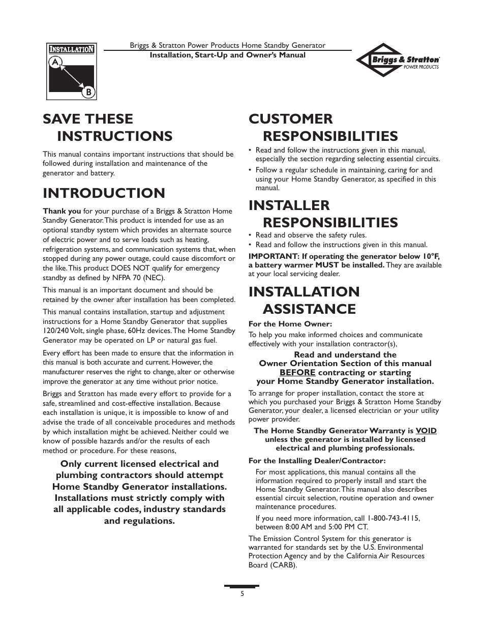 Save these instructions, Introduction, Customer responsibilities | Installer responsibilities, Installation assistance | Briggs & Stratton 01975-0 User Manual | Page 5 / 80