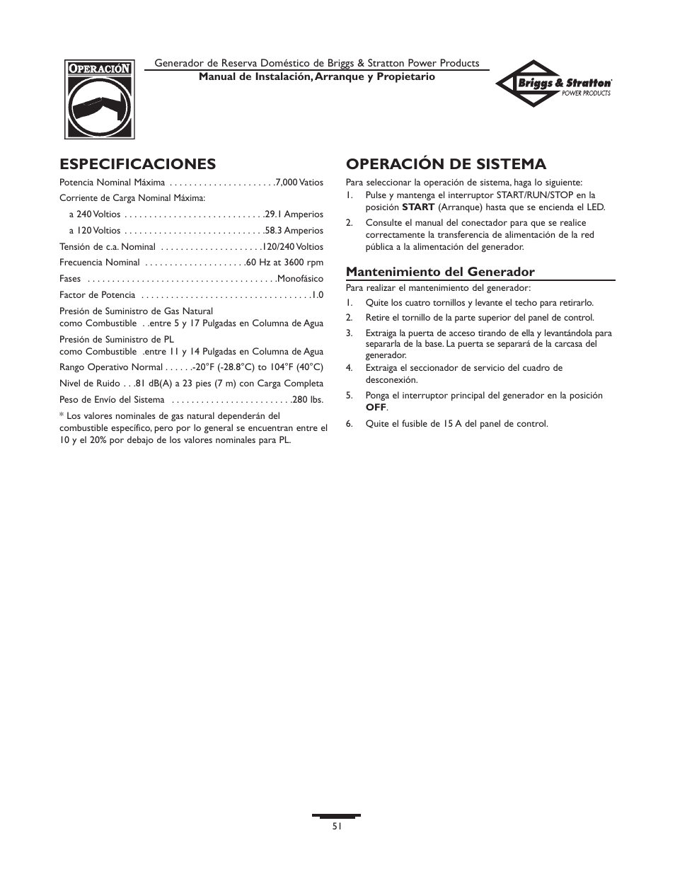 Especificaciones, Operación de sistema, Mantenimiento del generador | Briggs & Stratton 01975-0 User Manual | Page 51 / 80