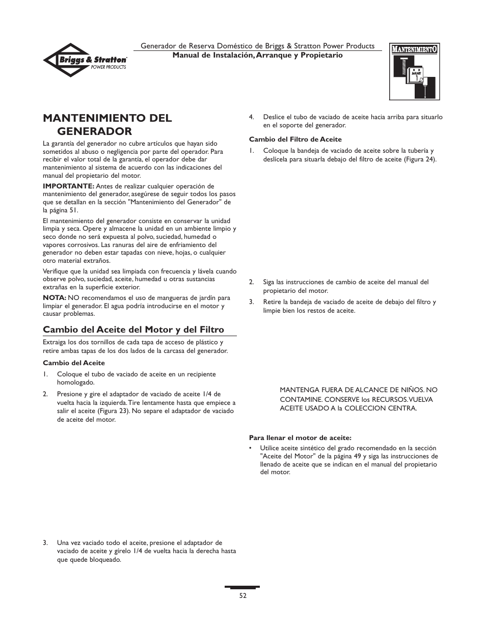 Mantenimiento del generador | Briggs & Stratton 01975-0 User Manual | Page 52 / 80