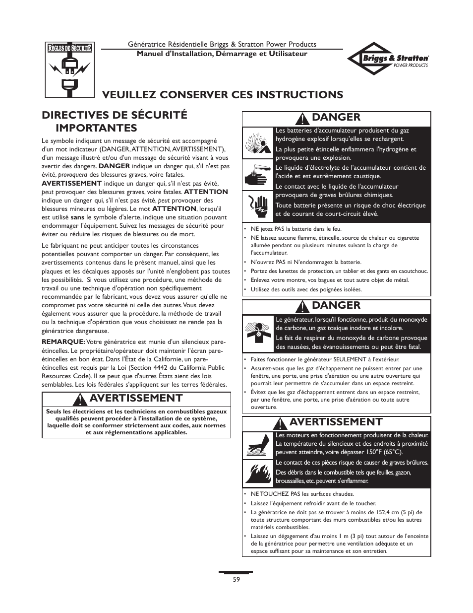 Directives de sécurité importantes, Avertissement, Danger | Danger veuillez conserver ces instructions | Briggs & Stratton 01975-0 User Manual | Page 59 / 80
