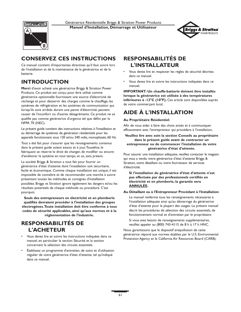 Conservez ces instructions, Introduction, Responsabilités de l'acheteur | Responsabilités de l'installateur, Aide à l'installation | Briggs & Stratton 01975-0 User Manual | Page 61 / 80