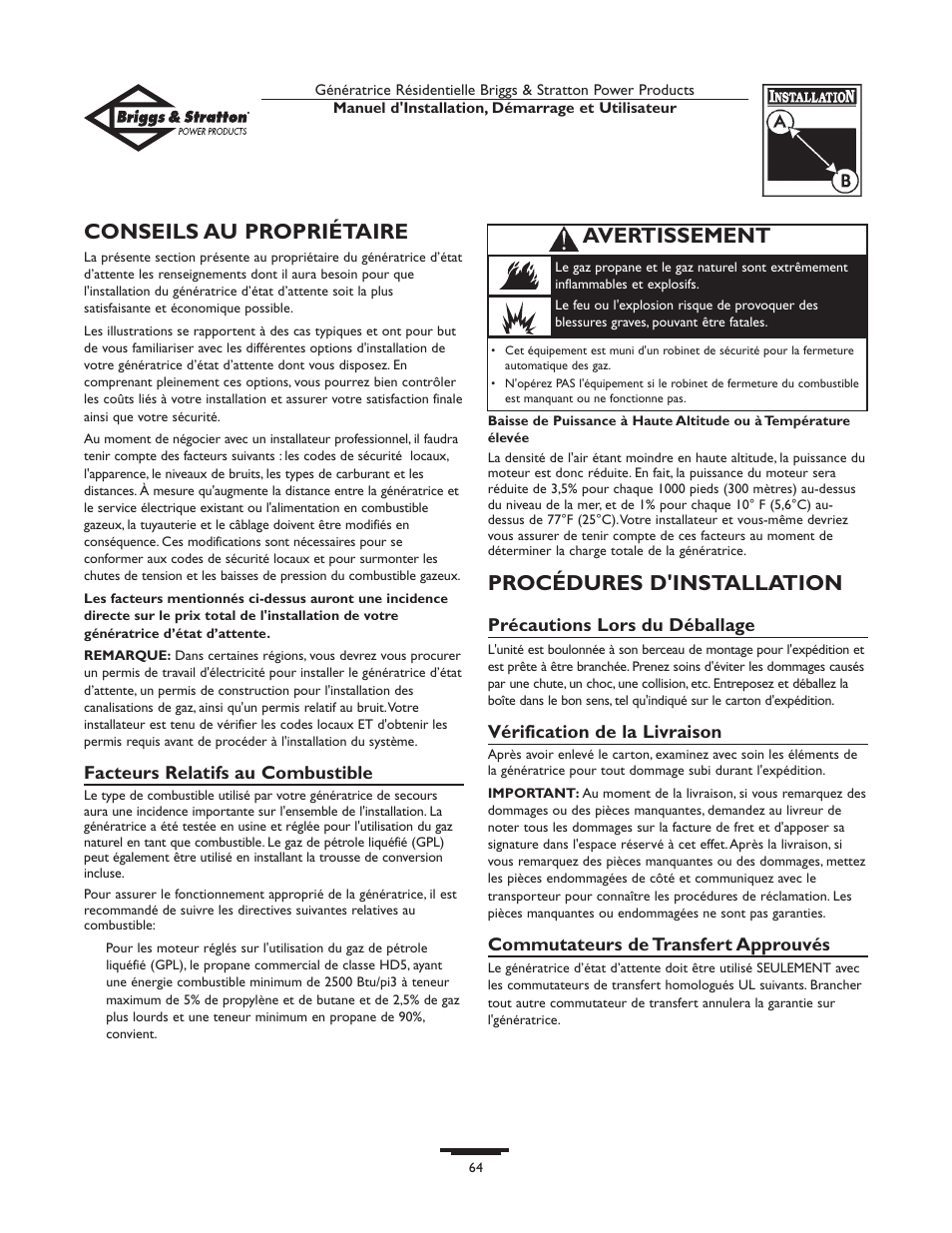 Conseils au propriétaire, Procédures d'installation, Avertissement | Briggs & Stratton 01975-0 User Manual | Page 64 / 80