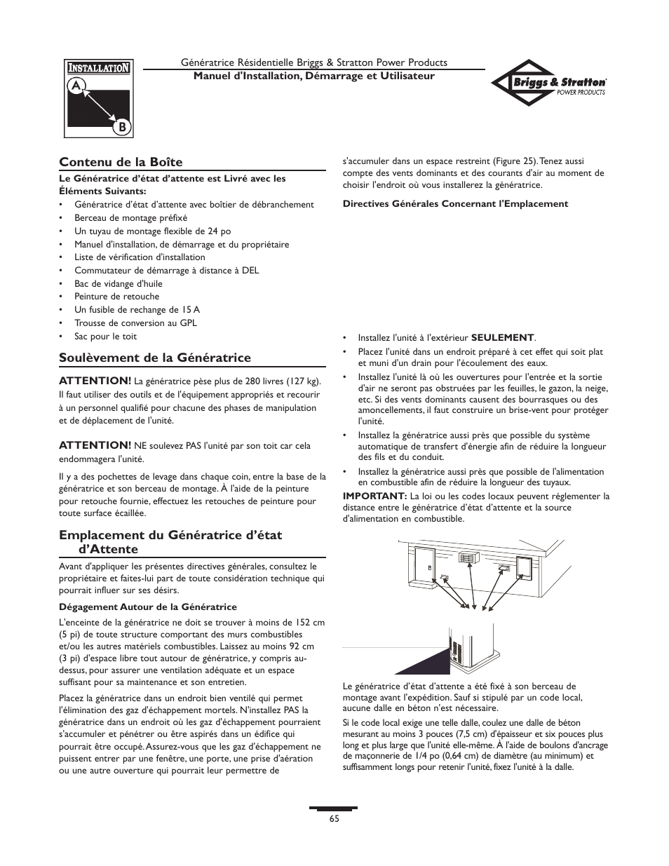 Contenu de la boîte, Soulèvement de la génératrice, Emplacement du génératrice d’état d’attente | Briggs & Stratton 01975-0 User Manual | Page 65 / 80