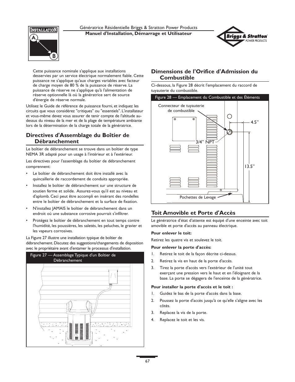 Dimensions de l'orifice d'admission du combustible, Toit amovible et porte d'accès | Briggs & Stratton 01975-0 User Manual | Page 67 / 80