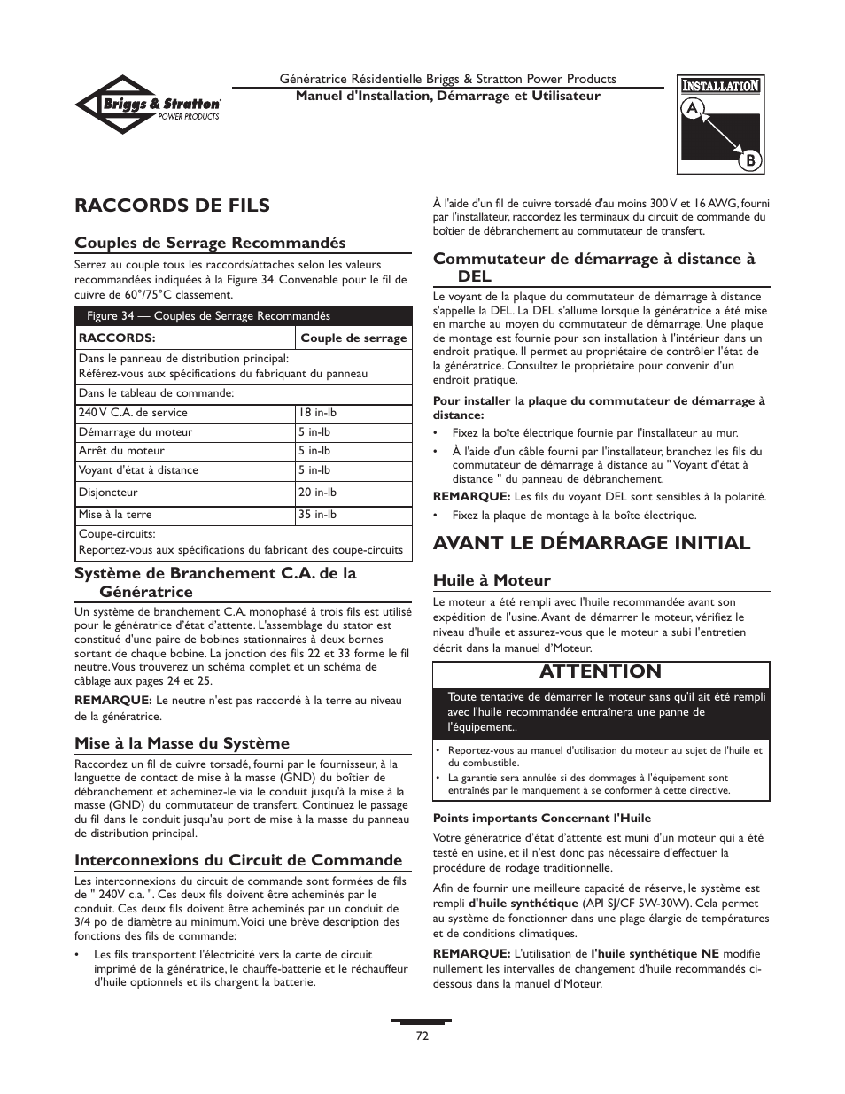 Raccords de fils, Avant le démarrage initial, Attention | Briggs & Stratton 01975-0 User Manual | Page 72 / 80