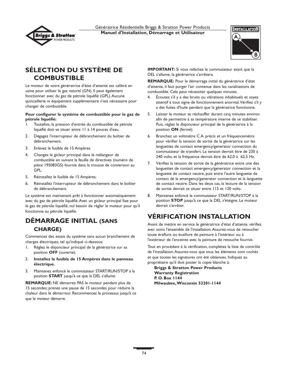 Sélection du système de combustible, Démarrage initial, Vérification installation | Briggs & Stratton 01975-0 User Manual | Page 74 / 80