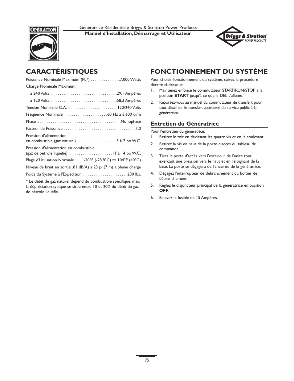Caractéristiques, Fonctionnement du système | Briggs & Stratton 01975-0 User Manual | Page 75 / 80