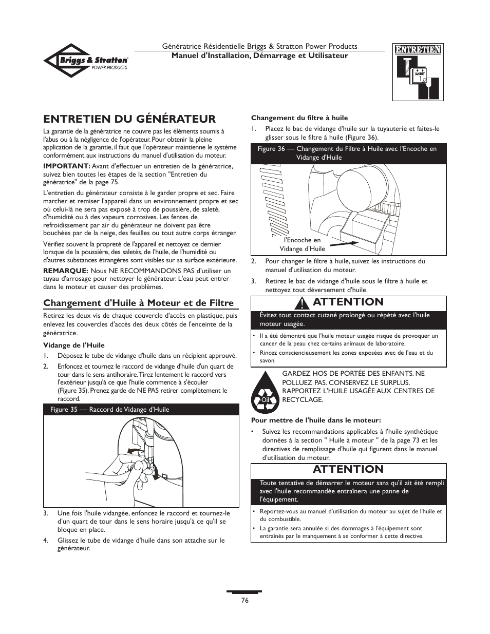 Entretien du générateur, Attention, Changement d'huile à moteur et de filtre | Briggs & Stratton 01975-0 User Manual | Page 76 / 80
