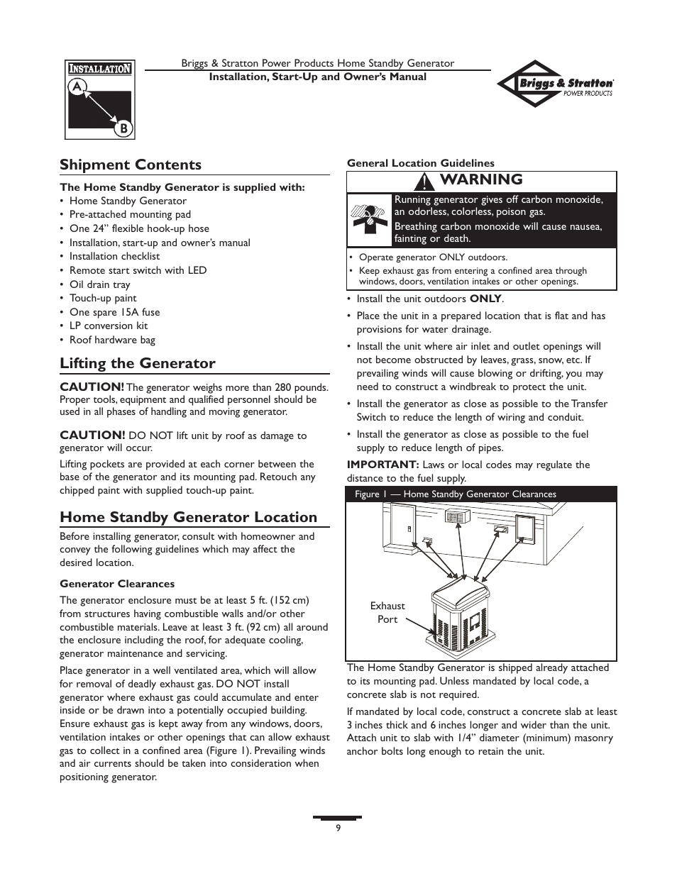 Shipment contents, Lifting the generator, Home standby generator location | Warning | Briggs & Stratton 01975-0 User Manual | Page 9 / 80
