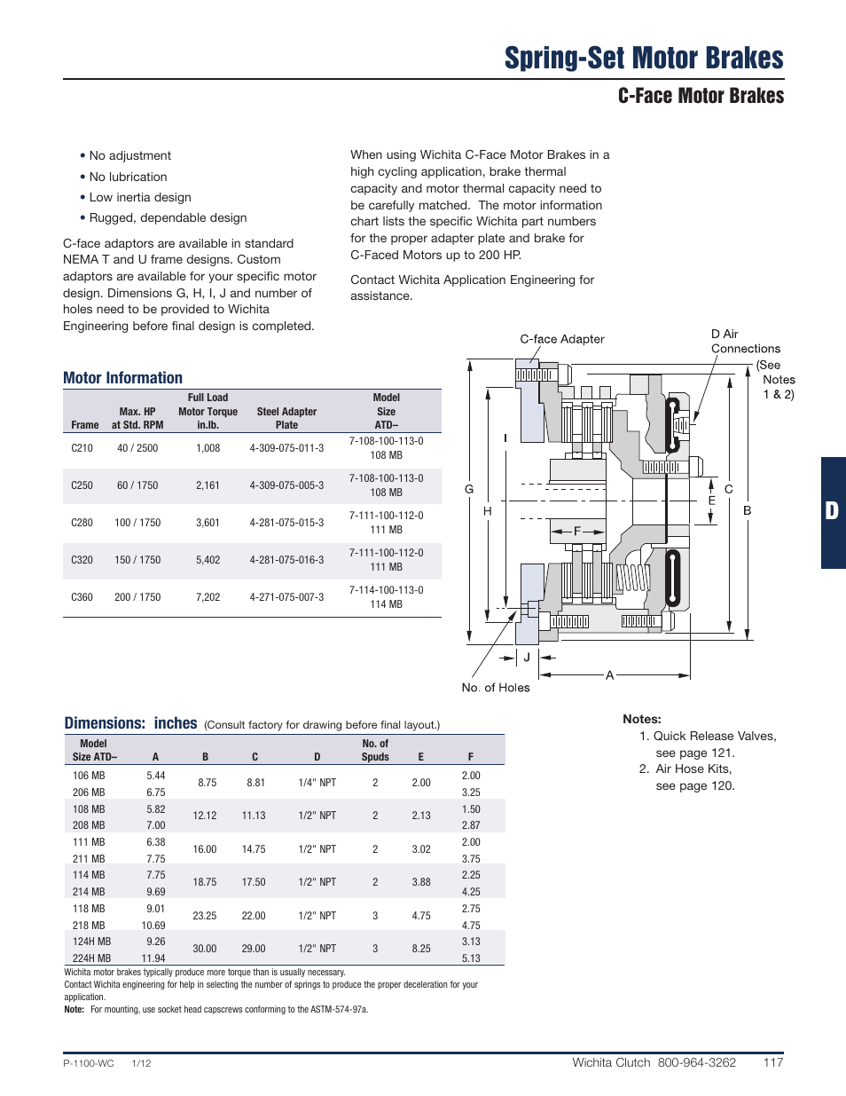 Spring-set motor brakes, C-face motor brakes, Motor information | Dimensions: inches | Wichita Clutch Motor Brakes User Manual | Page 4 / 7
