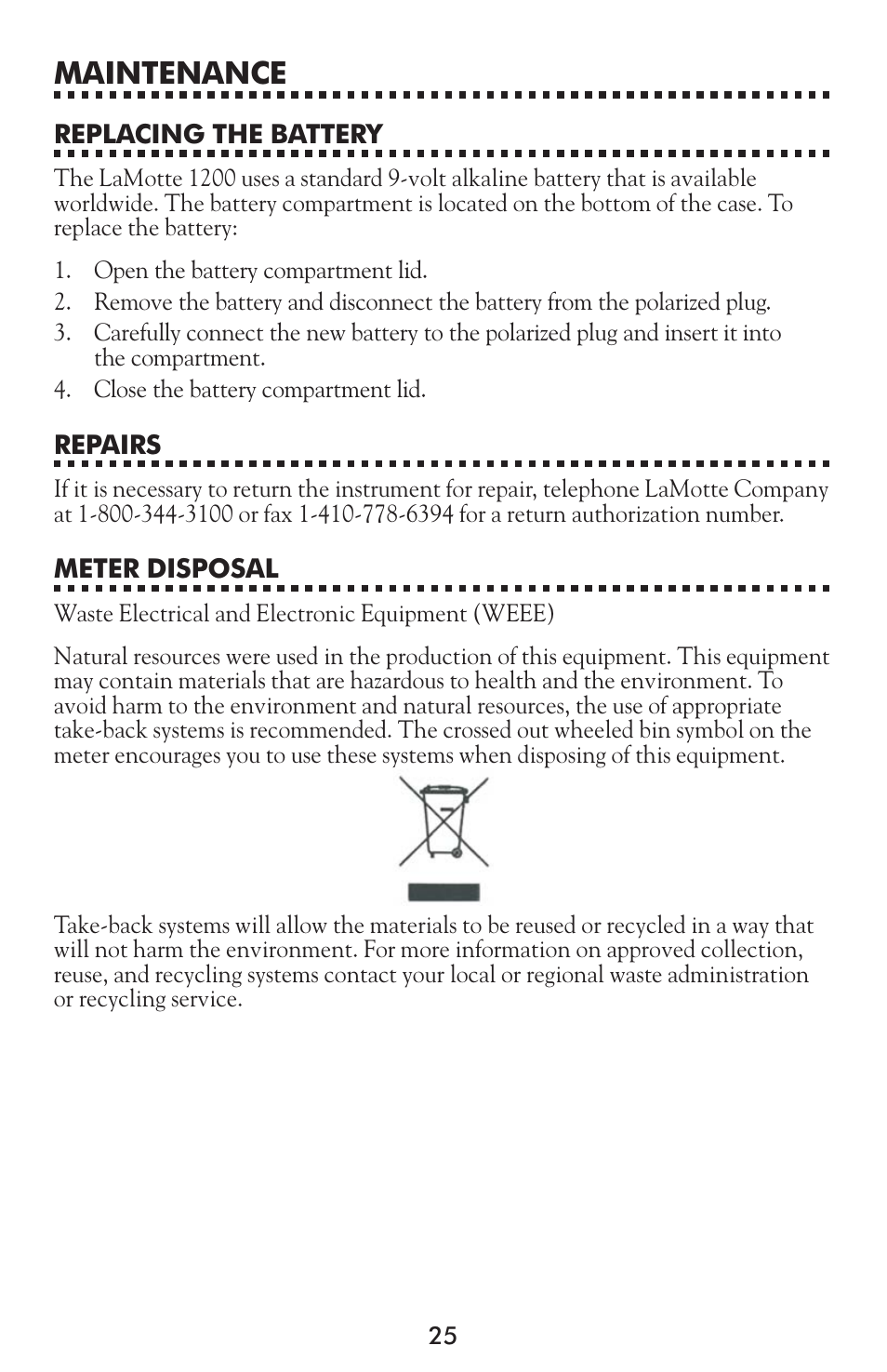 Maintenance | LaMotte 1200 Colorimeter User Manual | Page 25 / 84