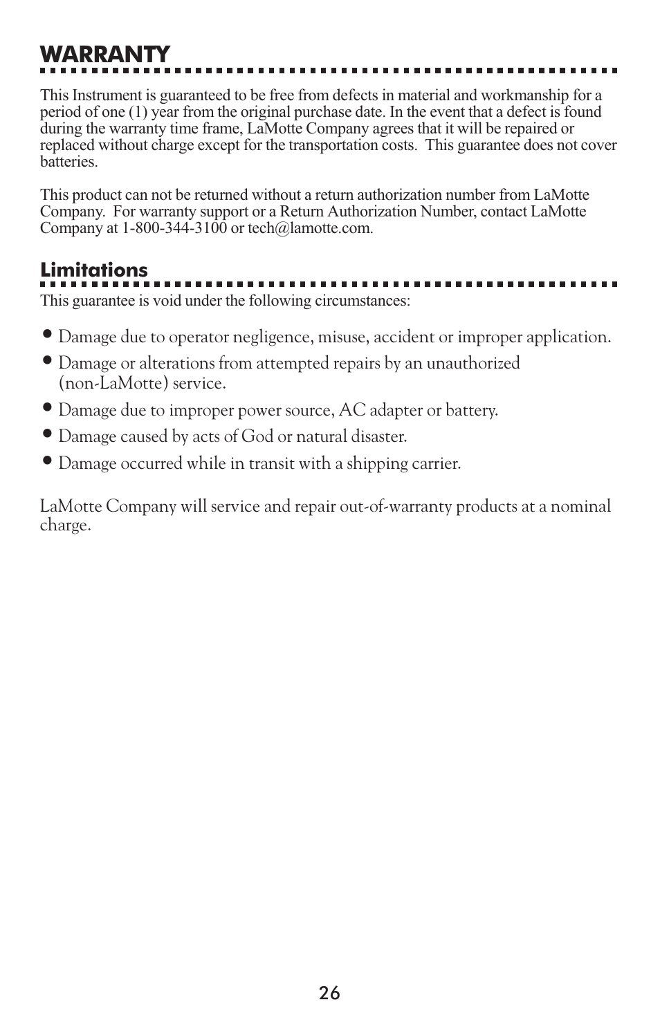 Warranty | LaMotte 1200 Colorimeter User Manual | Page 26 / 84