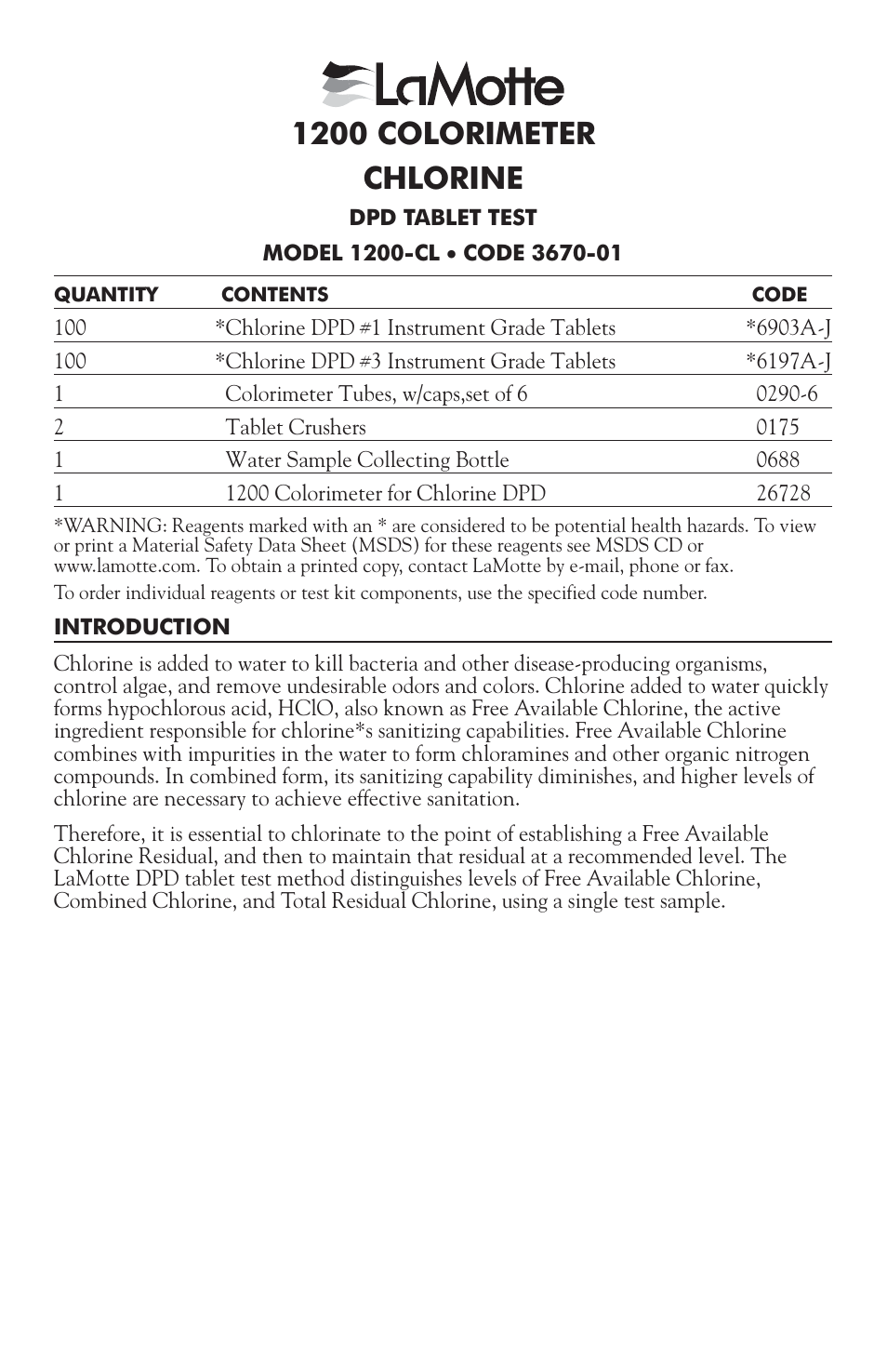 3670-01 chlorine dpd, 1200 colorimeter chlorine | LaMotte 1200 Colorimeter User Manual | Page 29 / 84