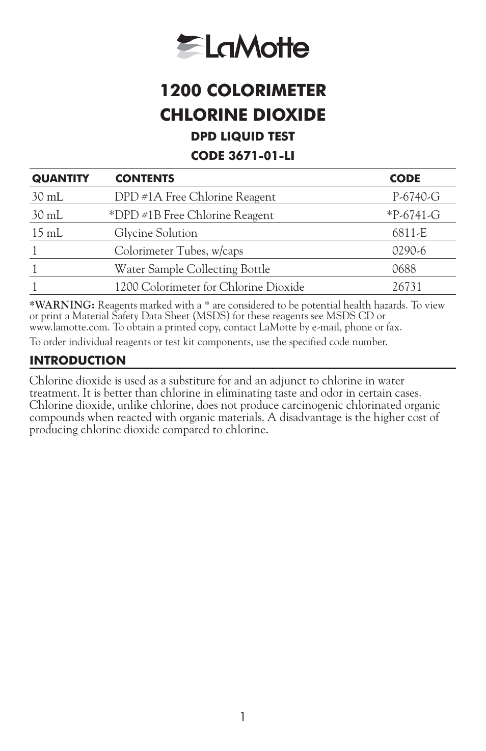 3671-01-li chlorine dioxide, 1200 colorimeter chlorine dioxide | LaMotte 1200 Colorimeter User Manual | Page 37 / 84