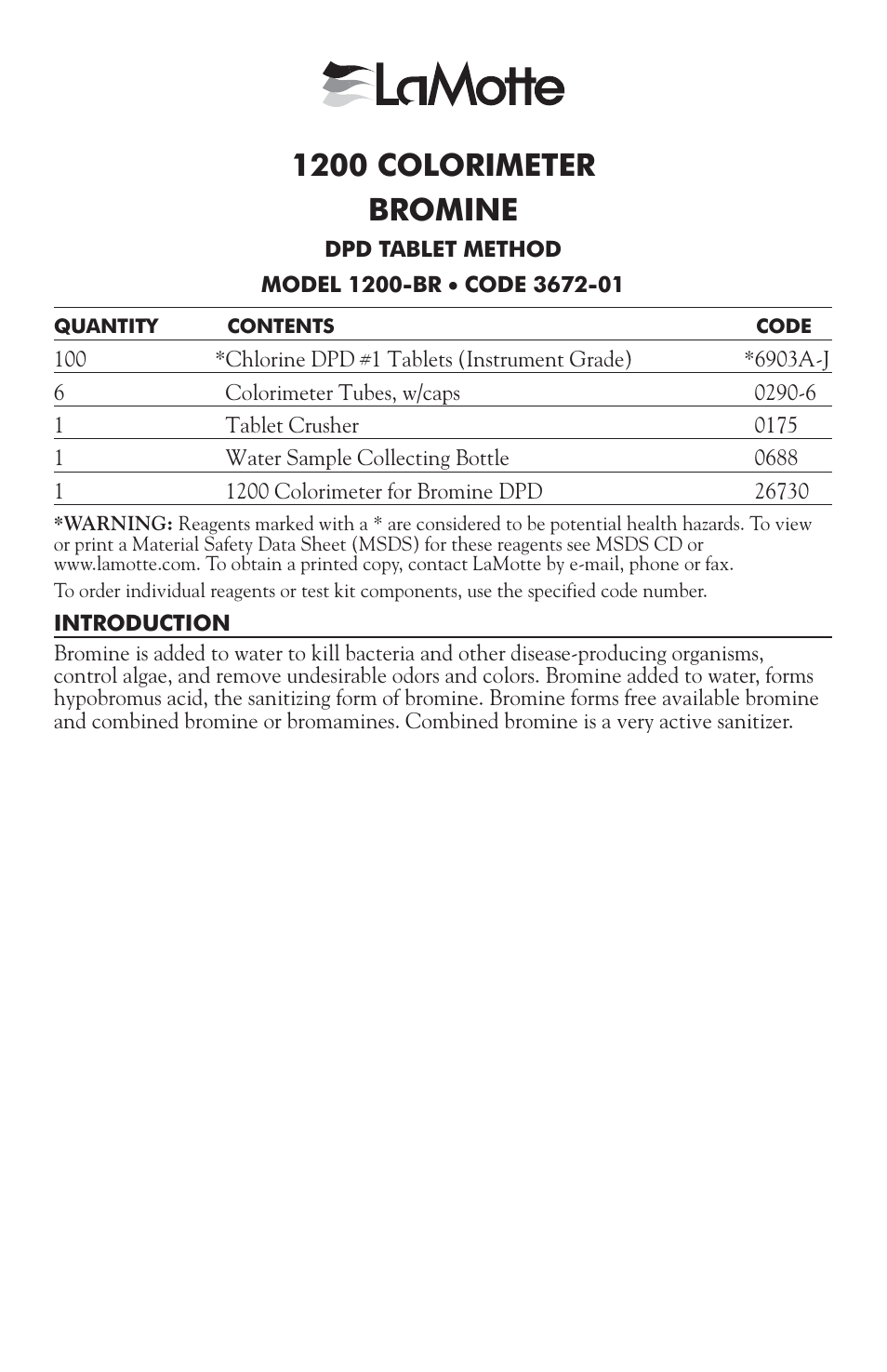 3672-01 bromine dpd, 1200 colorimeter bromine | LaMotte 1200 Colorimeter User Manual | Page 41 / 84