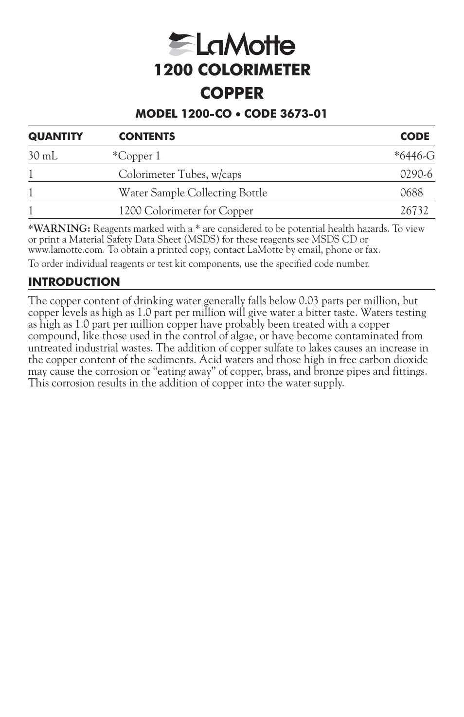 3673-01 copper, 1200 colorimeter copper | LaMotte 1200 Colorimeter User Manual | Page 45 / 84