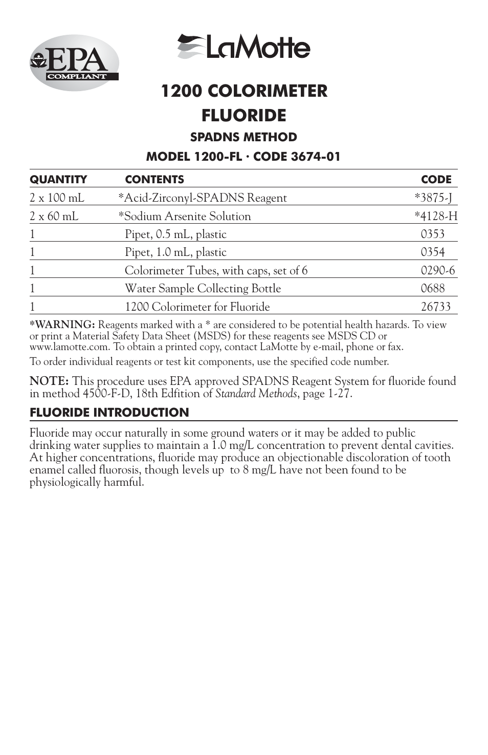3674-01 fluoride, 1200 colorimeter fluoride | LaMotte 1200 Colorimeter User Manual | Page 49 / 84