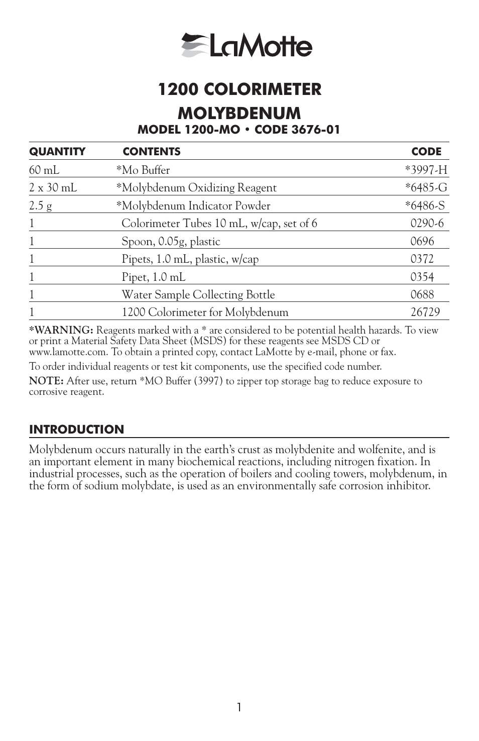 3676-01 molybdenum, 1200 colorimeter molybdenum | LaMotte 1200 Colorimeter User Manual | Page 53 / 84