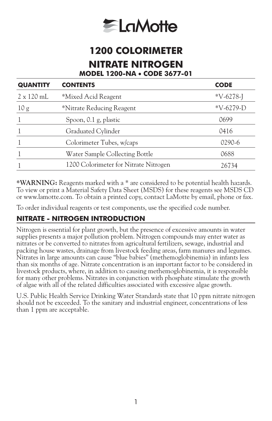 3677-01 nitrate nitrogen, 1200 colorimeter nitrate nitrogen | LaMotte 1200 Colorimeter User Manual | Page 57 / 84