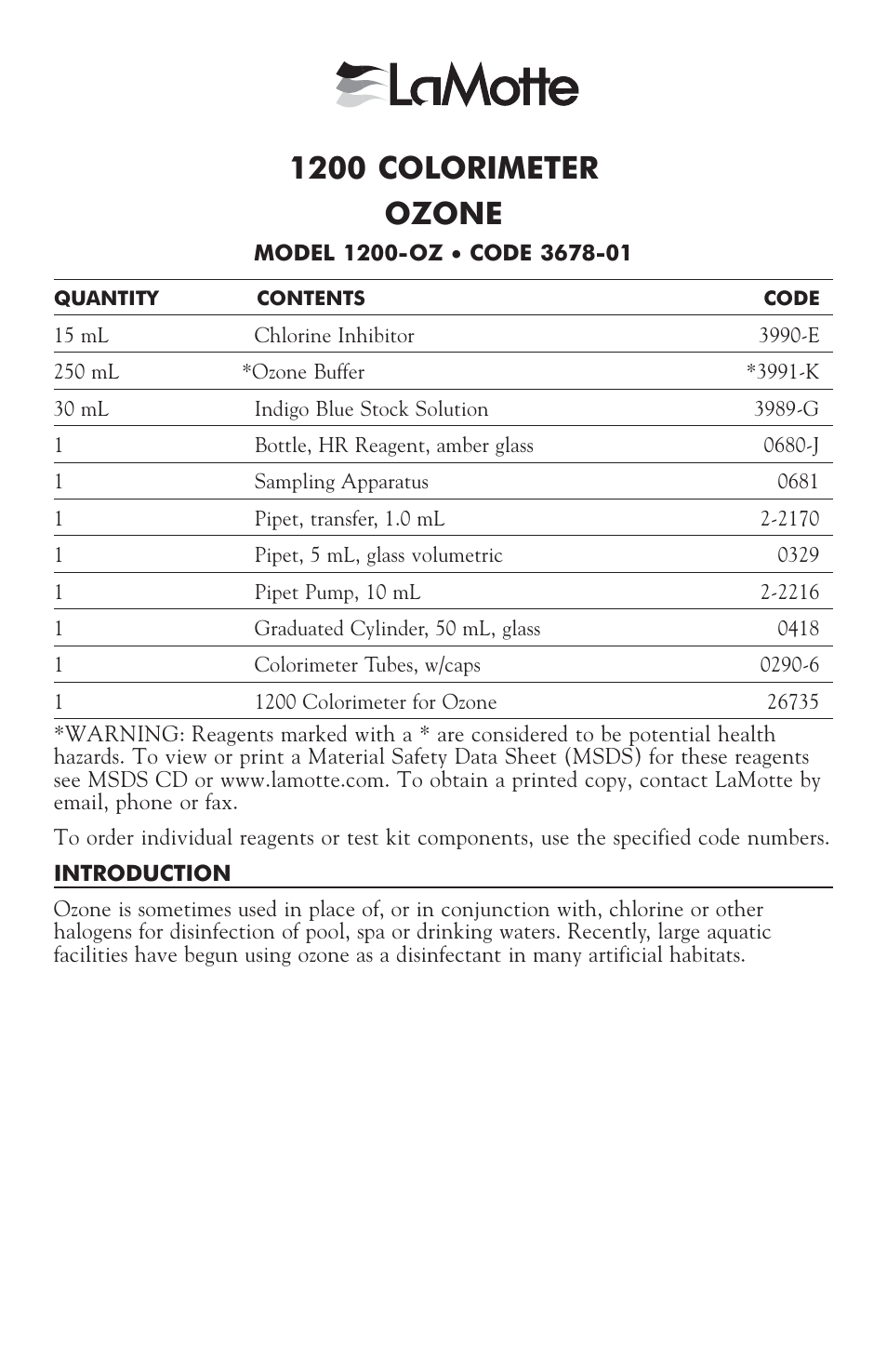 3678-01 ozone, 1200 colorimeter ozone | LaMotte 1200 Colorimeter User Manual | Page 61 / 84