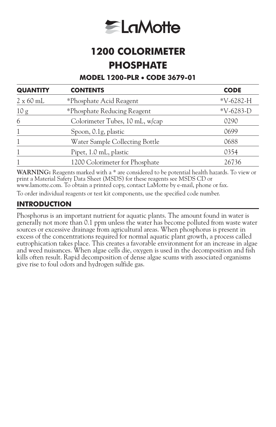 3679-01 phosphate, L mott, 1200 colorimeter phosphate | LaMotte 1200 Colorimeter User Manual | Page 65 / 84