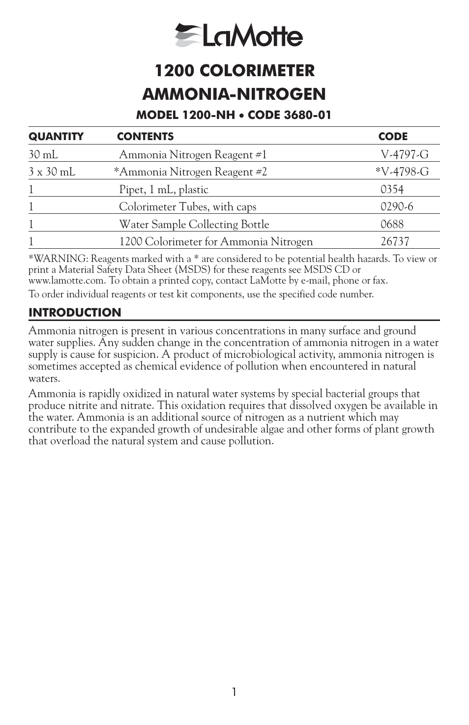 3680-01 ammonia-nitrogen, 1200 colorimeter ammonia-nitrogen | LaMotte 1200 Colorimeter User Manual | Page 69 / 84