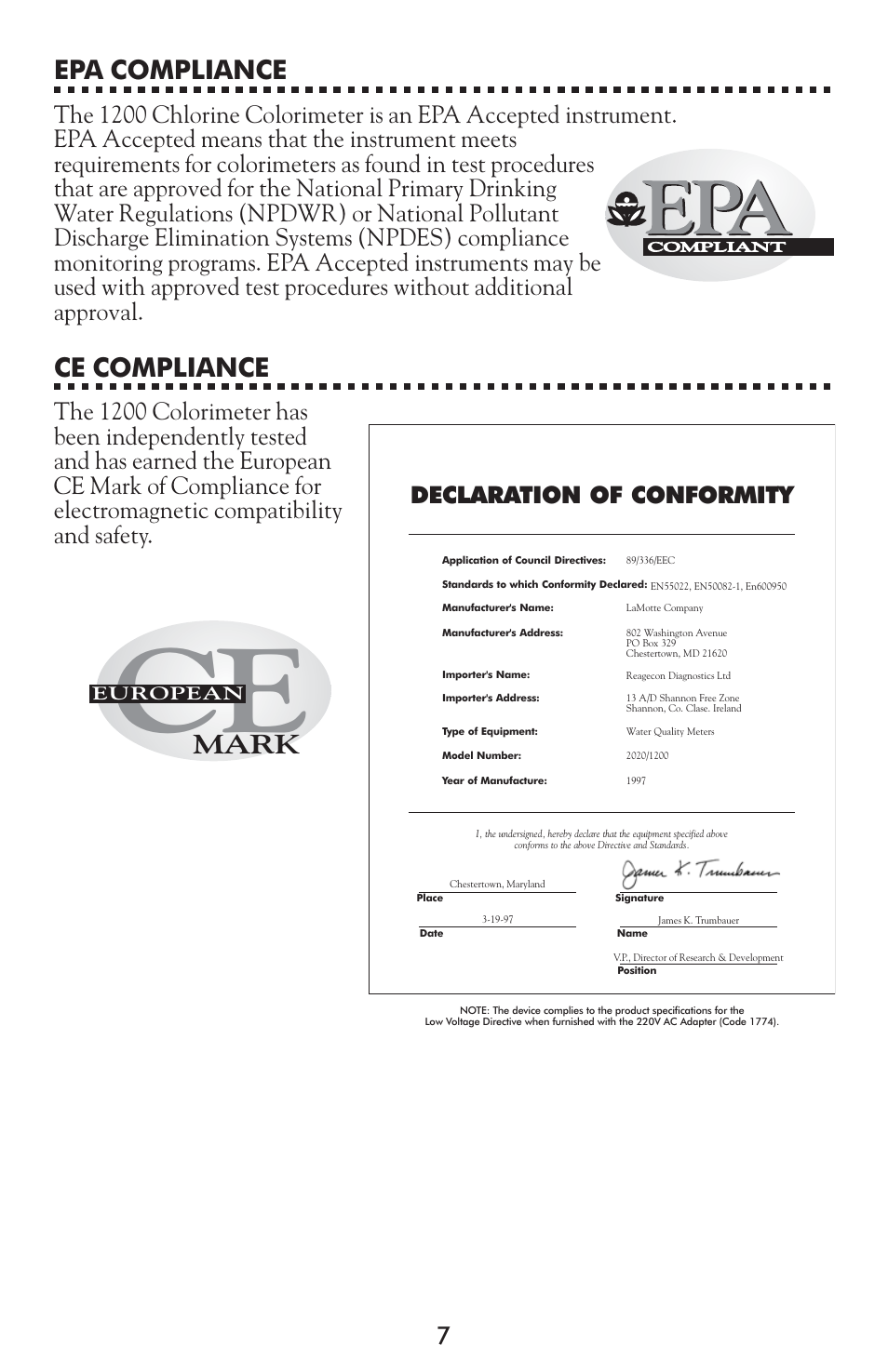 Epa compliance, Ce compliance, Mark | Declaration of conformity | LaMotte 1200 Colorimeter User Manual | Page 7 / 84