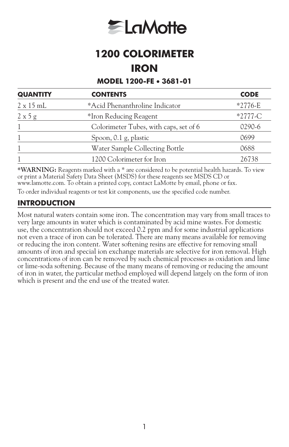 3681-01 iron, 1200 colorimeter iron | LaMotte 1200 Colorimeter User Manual | Page 73 / 84