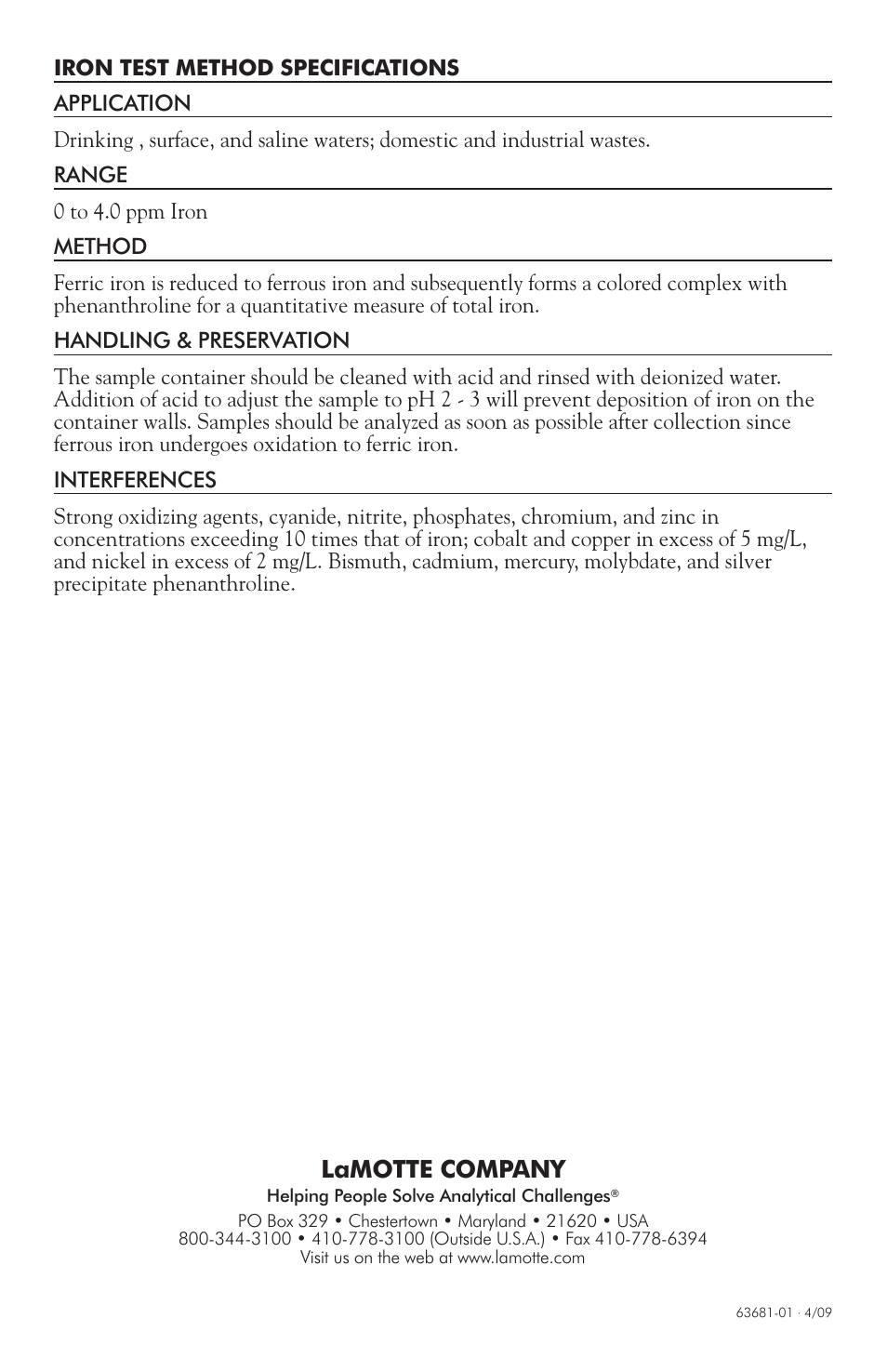 Lamotte company | LaMotte 1200 Colorimeter User Manual | Page 76 / 84
