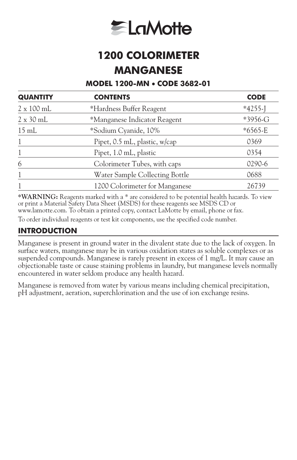 3682-01 manganese, 1200 colorimeter manganese | LaMotte 1200 Colorimeter User Manual | Page 77 / 84