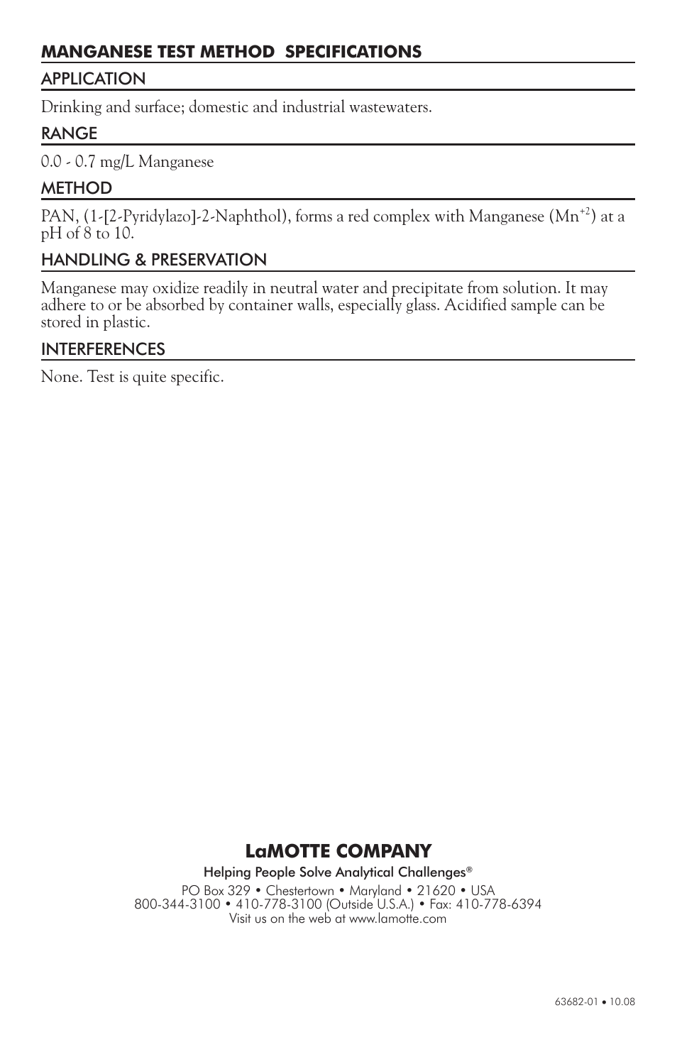 Lamotte company | LaMotte 1200 Colorimeter User Manual | Page 80 / 84