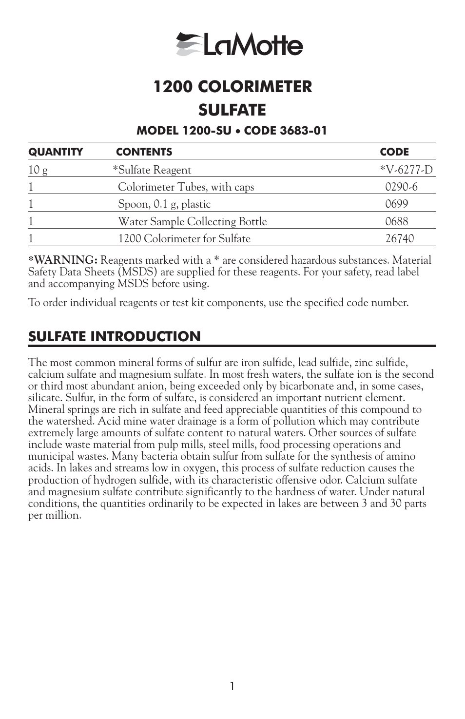 3683-01 sulfate, 1200 colorimeter sulfate, Sulfate introduction | LaMotte 1200 Colorimeter User Manual | Page 81 / 84