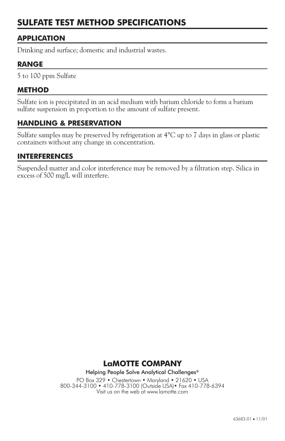 Sulfate test method specifications, Lamotte company | LaMotte 1200 Colorimeter User Manual | Page 84 / 84