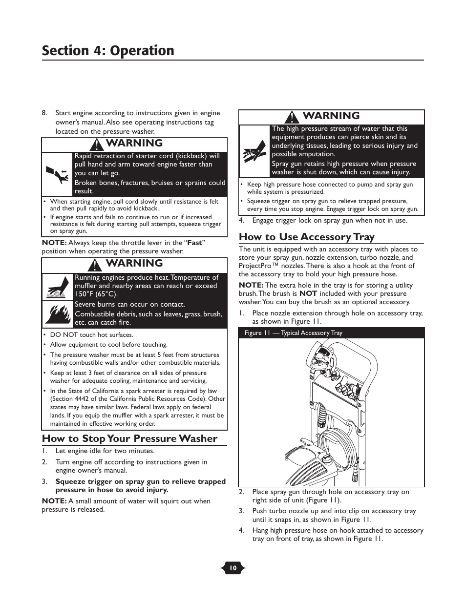 How to stop your pressure washer, How to use accessory tray, Warning | Briggs & Stratton 20228 User Manual | Page 10 / 36