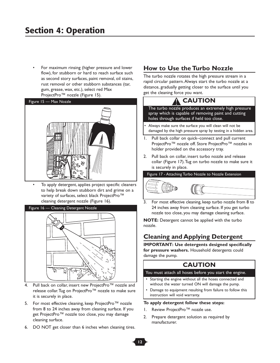 How to use the turbo nozzle, Cleaning and applying detergent, Caution | Briggs & Stratton 20228 User Manual | Page 12 / 36