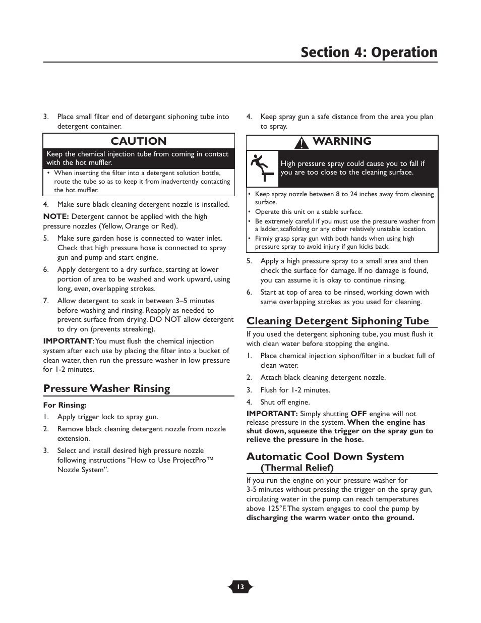 Pressure washer rinsing, Cleaning detergent siphoning tube, Automatic cool down system | Warning caution | Briggs & Stratton 20228 User Manual | Page 13 / 36