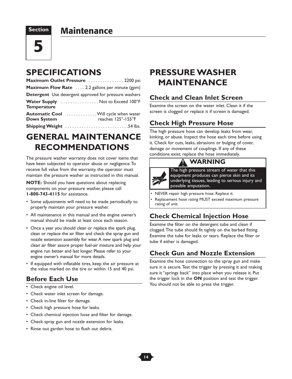 Specifications, General maintenance recommendations, Pressure washer maintenance | Maintenance | Briggs & Stratton 20228 User Manual | Page 14 / 36