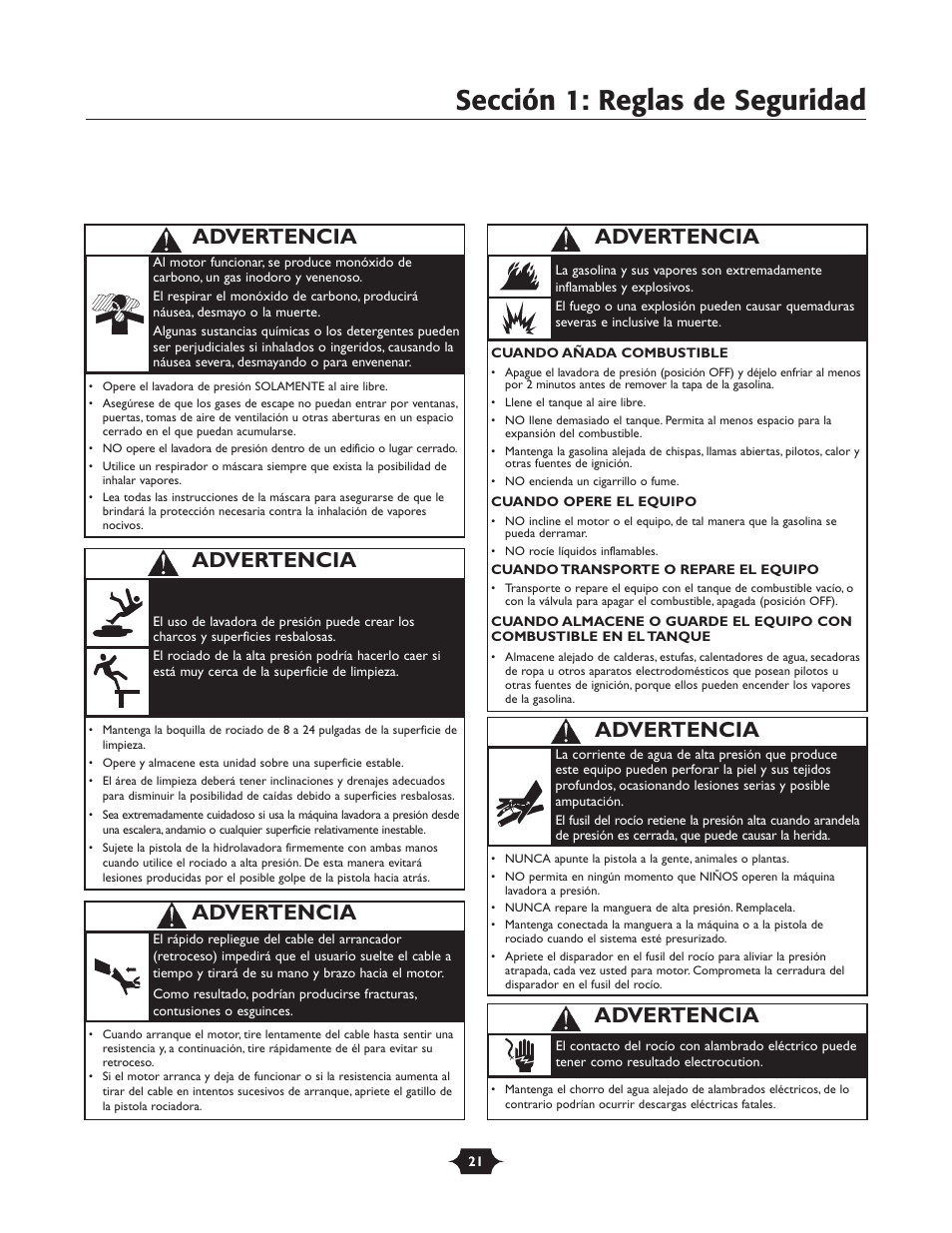 Sección 1: reglas de seguridad, Advertencia | Briggs & Stratton 20228 User Manual | Page 21 / 36