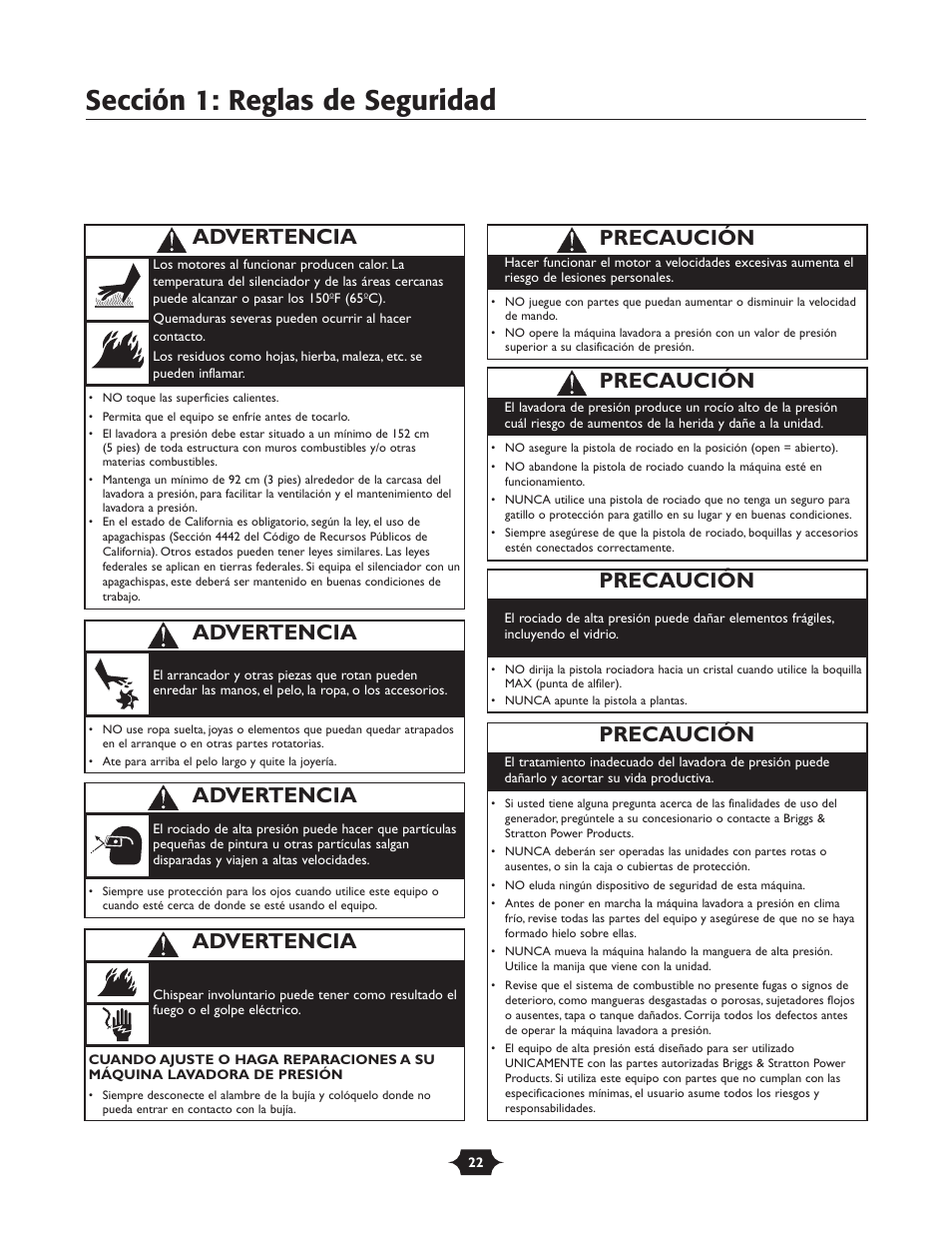 Sección 1: reglas de seguridad, Precaución, Advertencia | Briggs & Stratton 20228 User Manual | Page 22 / 36