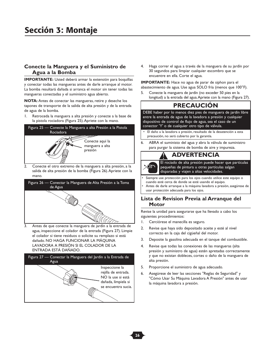 Sección 3: montaje, Precaución, Advertencia | Briggs & Stratton 20228 User Manual | Page 26 / 36